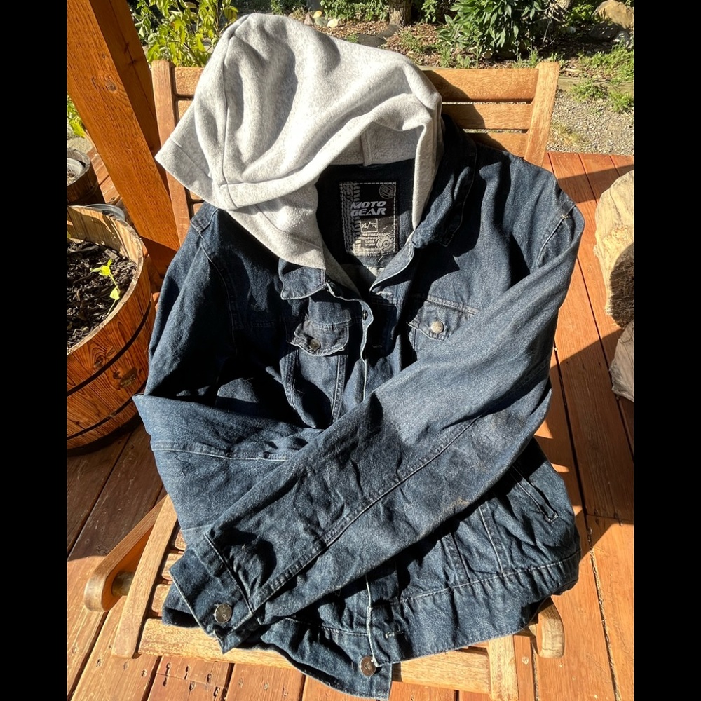 MOTO GEAR Denim Jacket with Fleece Hood. Men’s XL. GUC.